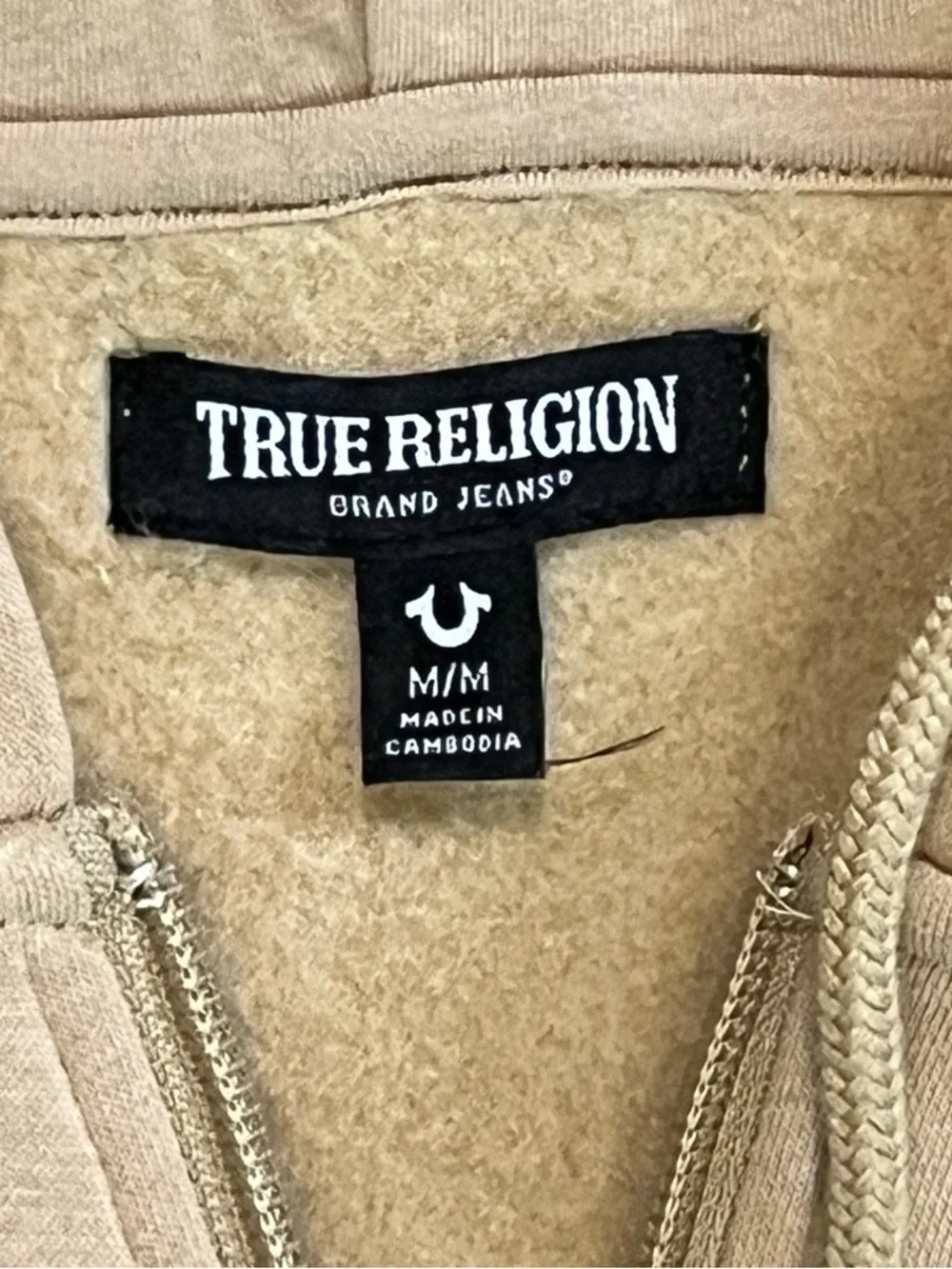 True Religion Big Horseshoe Flock Zip Hoodie Tan Men's M Graphic Streetwear Logo